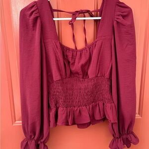She + Sky Burgundy Smocked Peplum Long-Sleeve Blouse